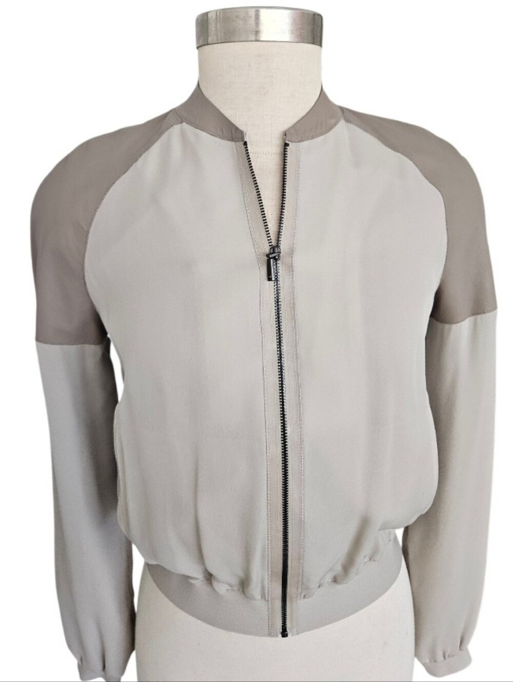 Elie Tahari Two-Tone Combo Lambskin Lather & Silk Bomber Cropped Jacket